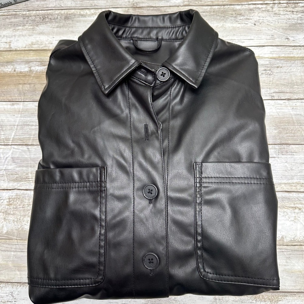 American Eagle oversized Black vegan Leather Button Shirt Shacket Womens XS